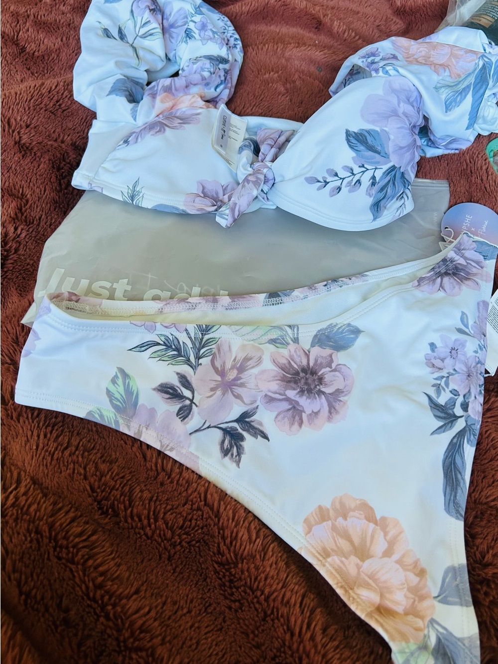 Cupshe White Floral Tie-Front Bikini with Lavender and Peach Blooms